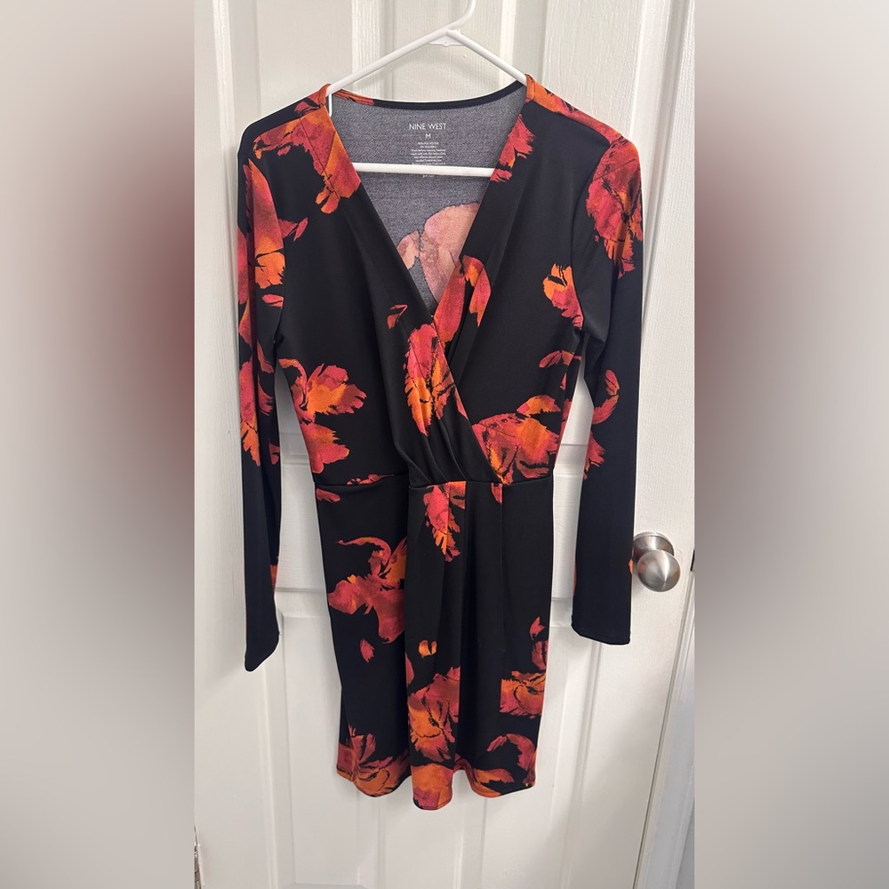 Nine West Black and Red Floral Long Sleeve Dress